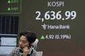 A currency trader talks on the phone near a screen showing the Korea Composite Stock Price Index…