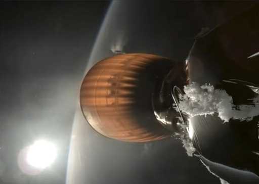 This image from video provided by SpaceX shows the upper stage engine of a SpaceX Falcon 9 rocket, …