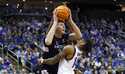 UConn center Donovan Clingan drives to the basket against Seton Hall guard Dre Davis…