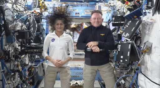 This image made from a NASA live stream shows NASA astronauts Suni Williams and Butch Wilmore durin…