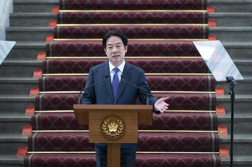 In this photo released by the Taiwan Presidential Office, Taiwan's President Lai Ching-te speaks at…