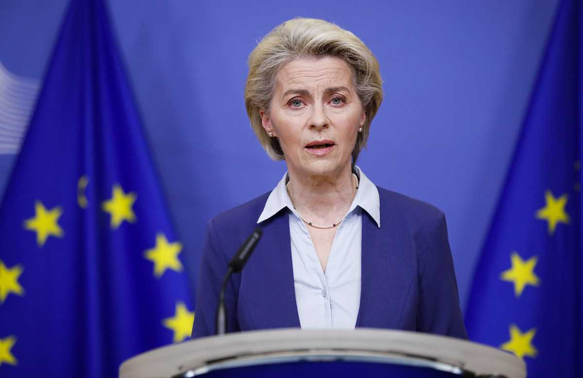 European Commission President Von der Leyen delivers a statement on the crisis in Ukraine, in Brussels