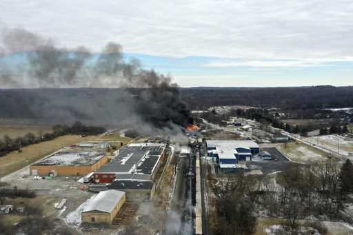 This photo taken with a drone shows portions of a Norfolk Southern freight train that derailed in E…