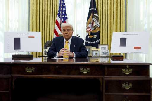 President Donald Trump delivers remarks in the Oval Office of the White House in Washington, Friday…