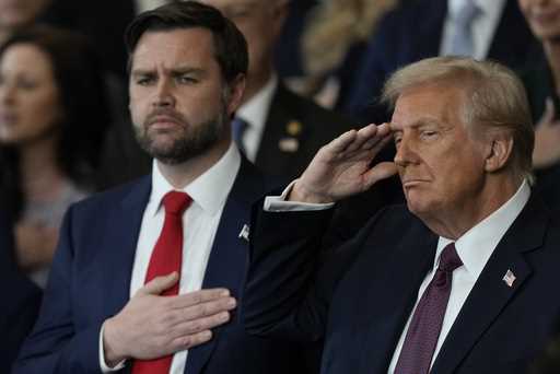 President Donald Trump and Vice President JD Vance listen to Christopher Macchio sing during the 60…