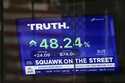 The stock price for Truth Social is shown at the Nasdaq building on March 26, 2024, in New York