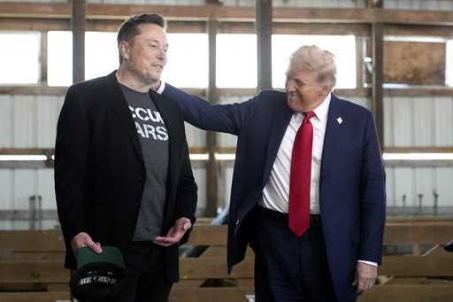 Tesla and SpaceX CEO Elon Musk, left, and Republican presidential nominee former President Donald T…