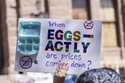 An activist holds up a sign about high egg prices during a protest against the Trump administration…