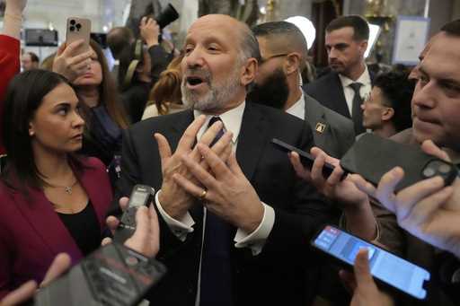 Secretary of Commerce Howard Lutnick speaks with reporters after President Donald Trump addressed a…