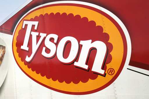 A Tyson Foods logo is seen on a truck parked at a food warehouse in Little Rock, Ark