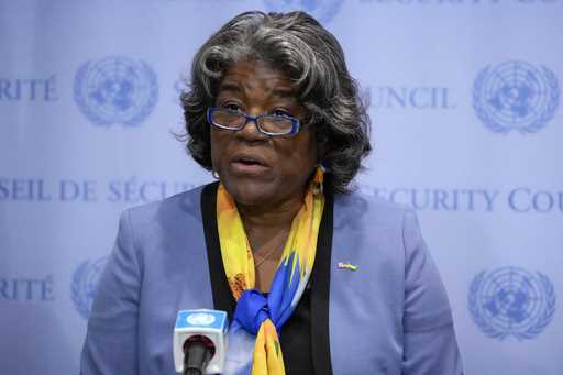 Linda Thomas-Greenfield, United States Ambassador to the United Nations, speaks after a meeting of …