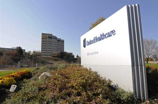 A sign stands on UnitedHealth Group Inc