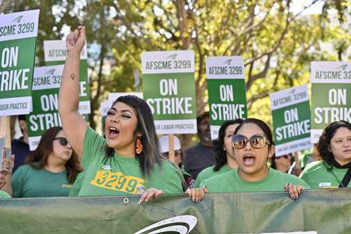 Patient care and service workers rally at University of California, Irvine Medical Center in Orange…