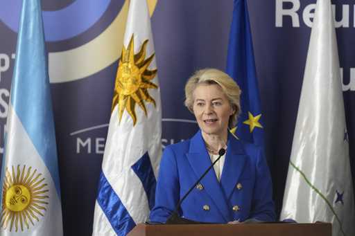 European Commission President Ursula von der Leyen speaks during the Mercosur Summit in Montevideo,…