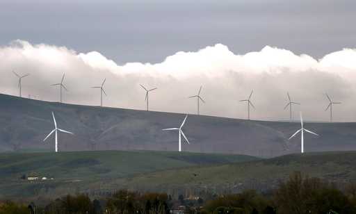 Wind turbines are seen on April 16, 2019, south of Kennewick, Wash