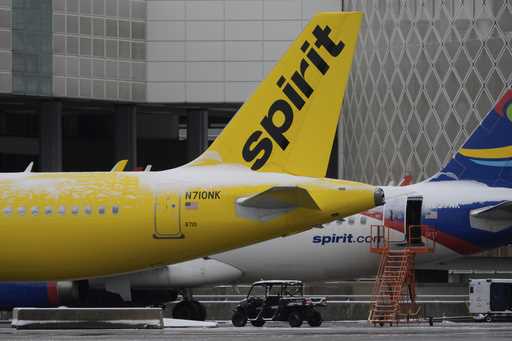 Spirit Airlines planes parked at the closed George Bush Intercontinental Airport Tuesday, January 2…