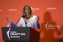 WNBA commissioner Cathy Engelbert speaks to the media before the WNBA basketball draft on Monday, A…