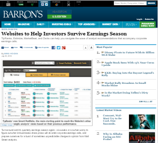 screenshot of Barron's article naming MarketBeat as a helpful site for investors during earnings season