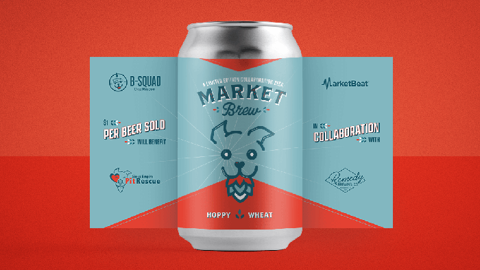 MarketBrew beer can design with MarketBeat, Remedy Brewing, B-Squad Dog Rescue, and Sioux Empire Pit Rescue logos