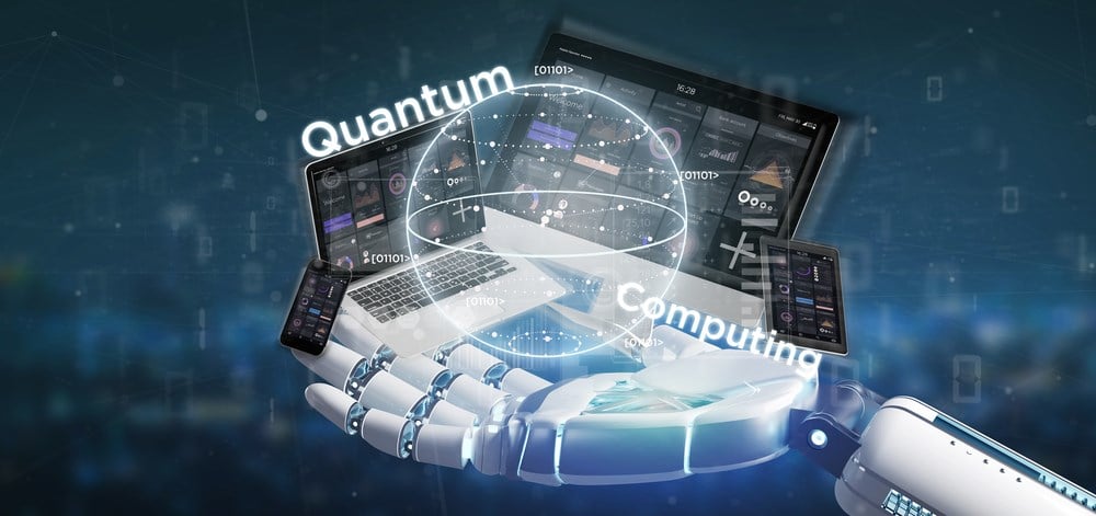 Cyborg hand holding Quantum computing concept with qubit and Ionq stock