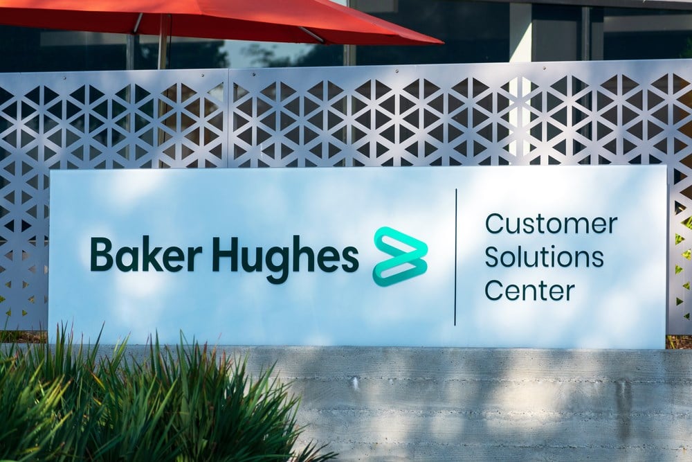 Baker Hughes logo on sign outside office; learn more about Baker Hughes stock 