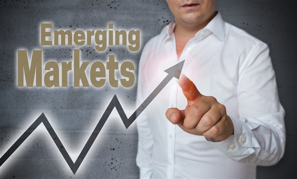 emerging markets with stock chart arrow pointing up
