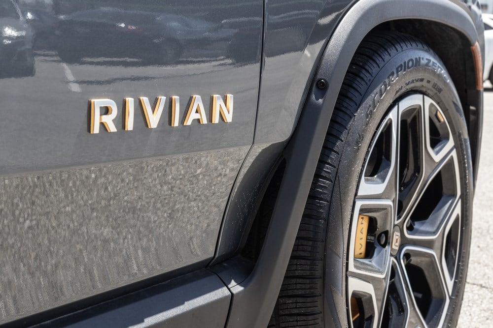 Indianapolis - Circa April 2023: Rivian R1S EV Electric Vehicle display at a dealership. Rivian offers the R1S in Adventure and Launch models.
