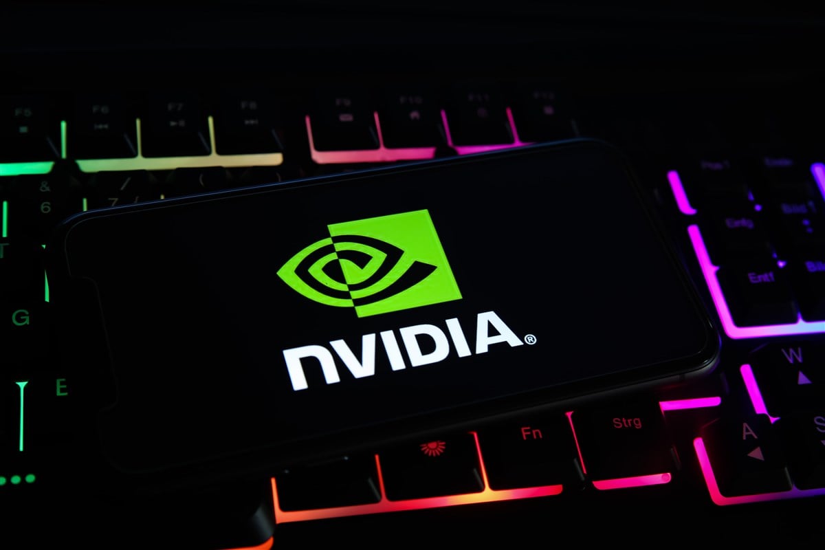 close-up image of nvidia logo on mobile device resting on computer keyboard