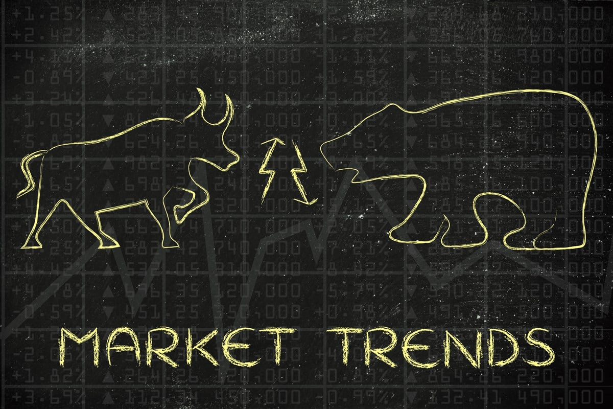 graphic with words market trends, bull & bear images, with up and down arrows