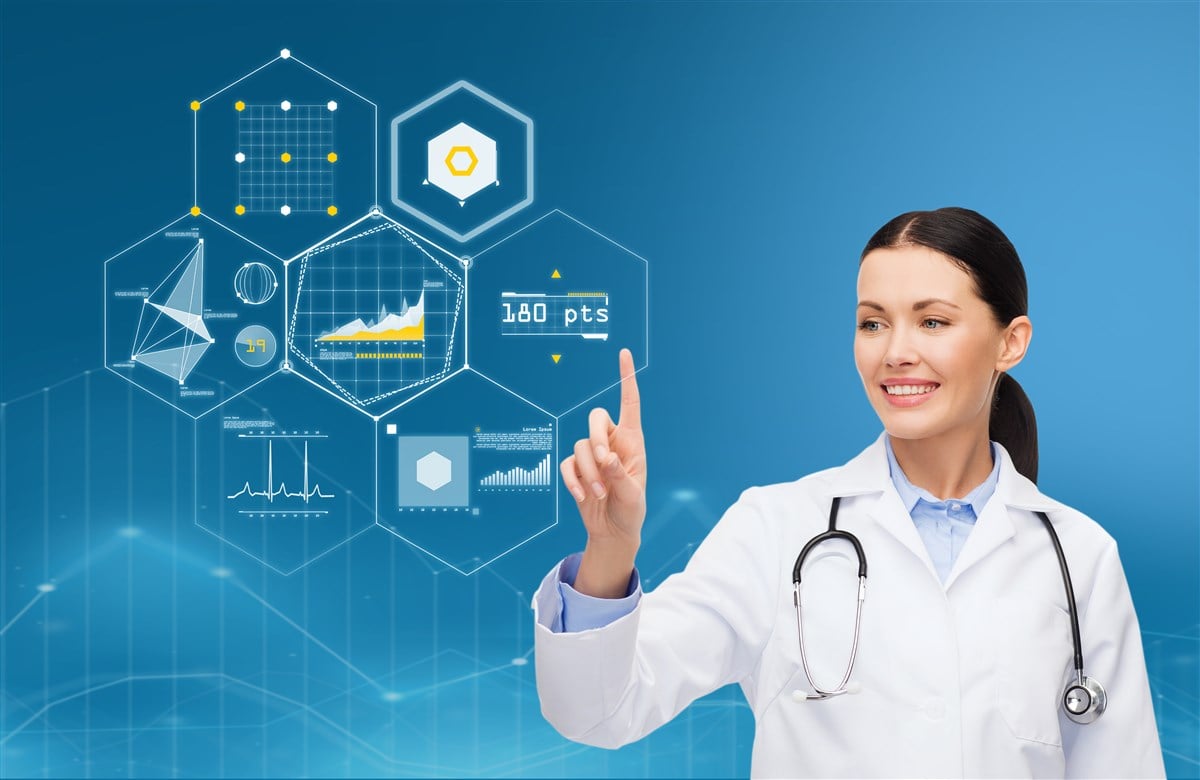 image of femaie physician touching display suggesting cloud-based digital platform