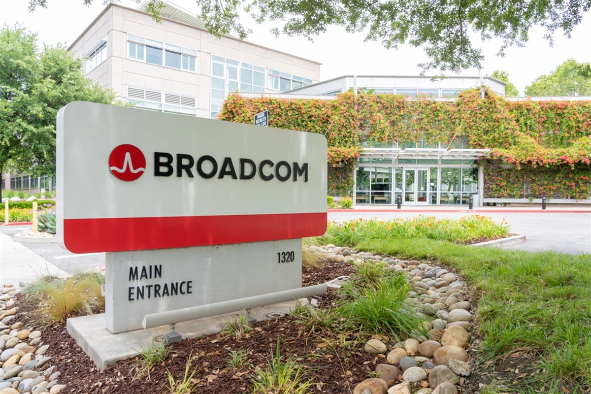 Broadcom sign at the headquarters. Broadcom Inc. is a company that designs, develops, and supplies semiconductor devices