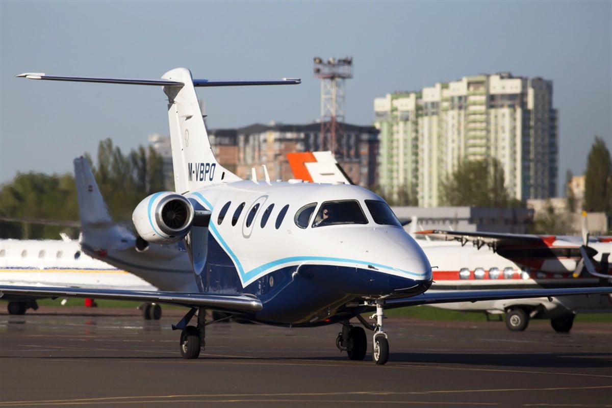 M-VBPO Raytheon 390 Premier 1A business aircraft running to the Kiev International Airport parking