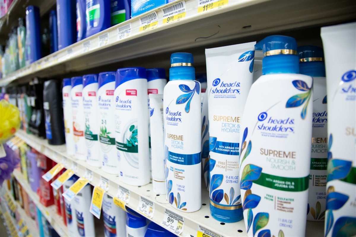 A view of several bottles of Head and Shoulders hair products, on display at a local grocery store