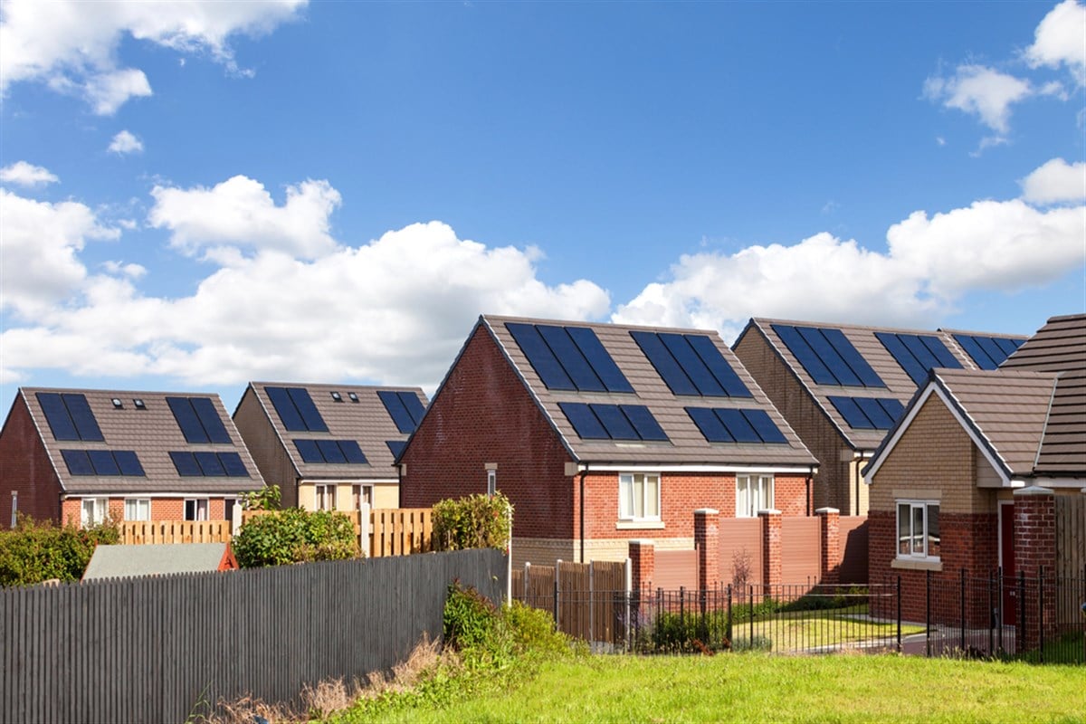English houses with solar panels - stock image