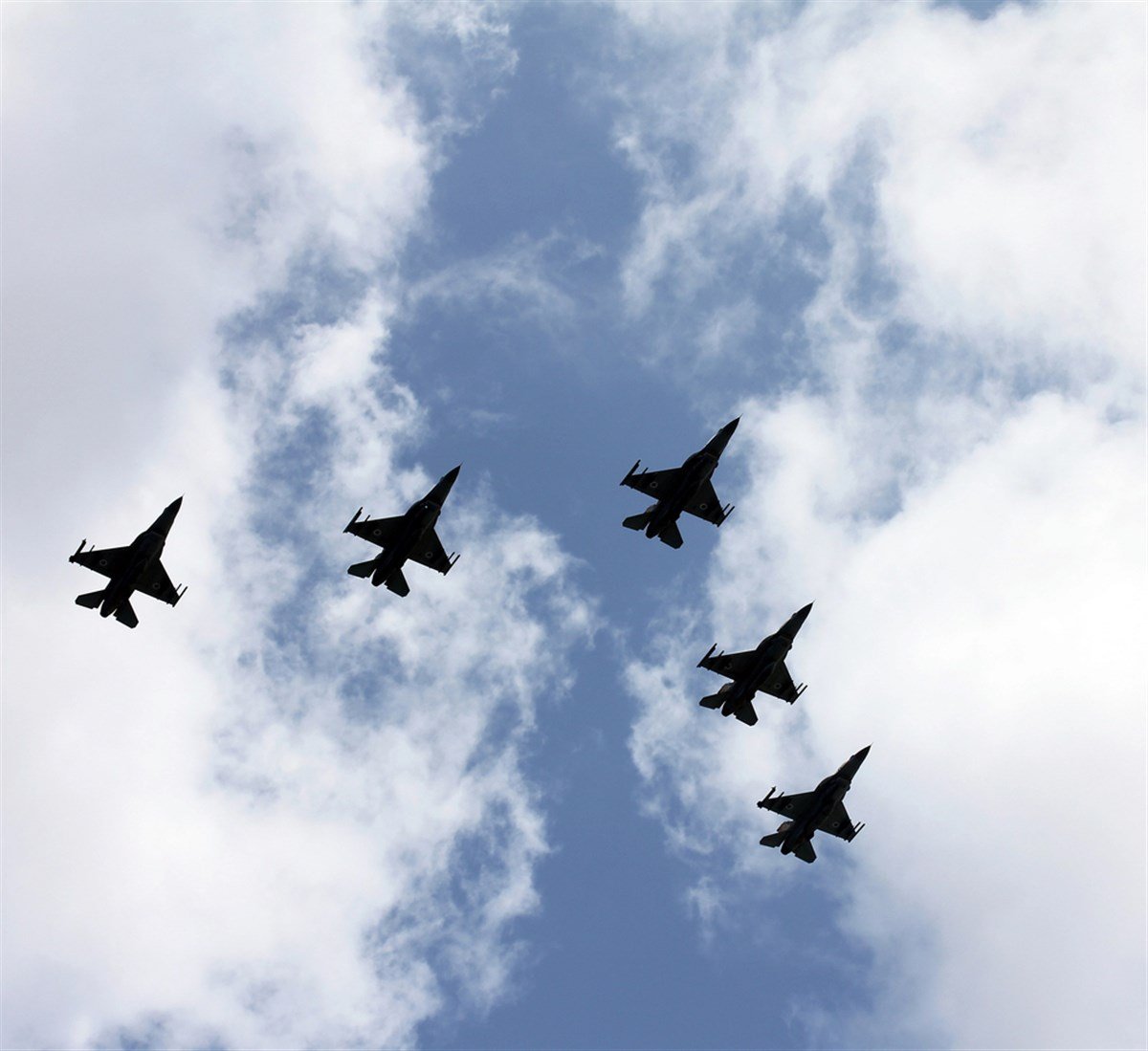Israeli Air Force airplanes (five jet fighters) at parade in honor of Independence Day - Stock Editorial Photography