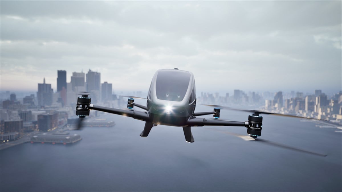 Autonomous driverless aerial vehicle fly across city, 3d render