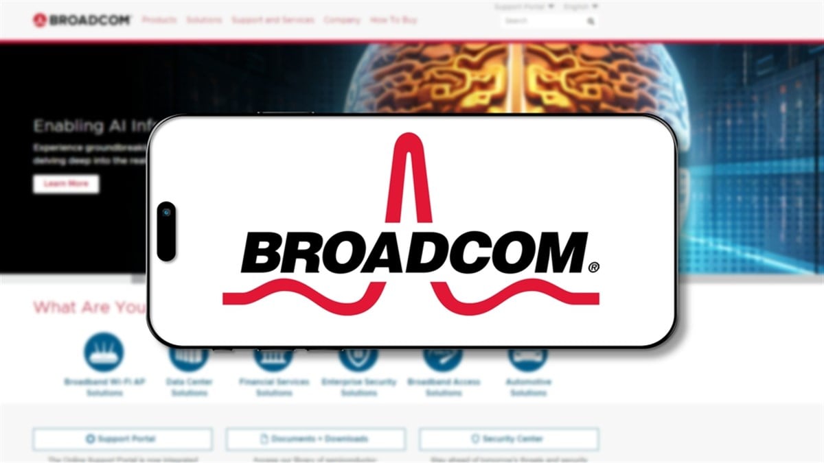 Istanbul, Turkey - 27 March 2024: Broadcom logo on smartphone screen with its website in background. Broadcom is a technology company that designs and supplies semiconductor software solutions — Stock Editorial Photography