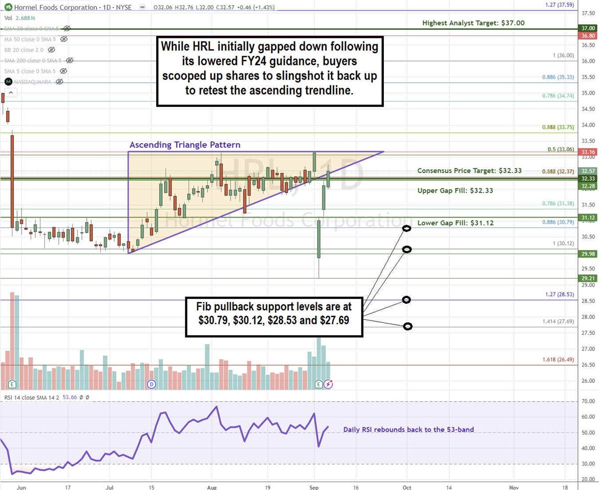 Chart illustrating how HRL Stock Slingshots Back Up to the Ascending Triangle Pattern