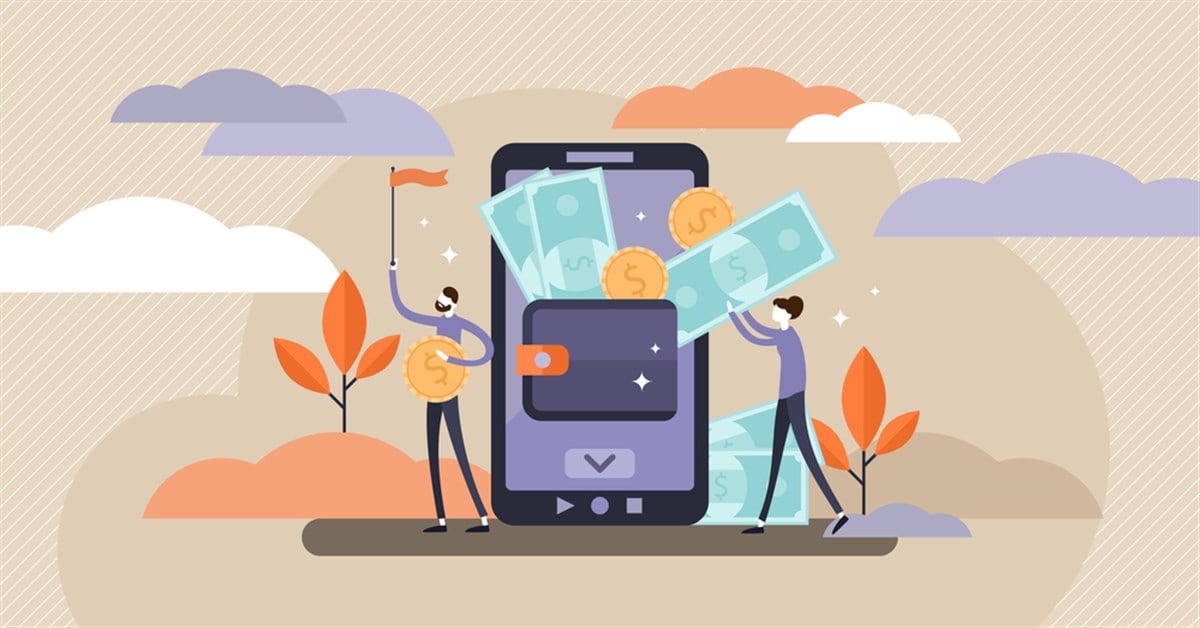 Photo: Mobile wallet vector illustration. Flat tiny persons concept with money transfer from cash to smartphone application. Pay using wireless technology transaction. Modern customer finance deposit account