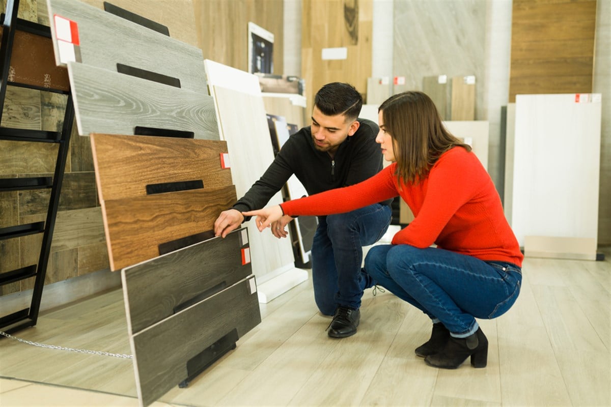 Photo of two people shopping for tile.