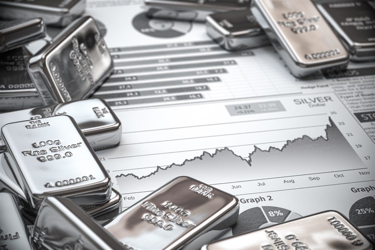 Growth of silver on stock market concept. Silver bar and ingots on chart of financial report. 3d illustration