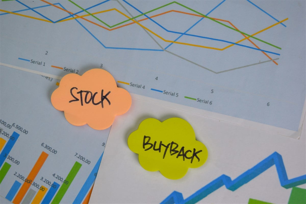 Stock and Buyback write on sticky notes isolated on Wooden Table.