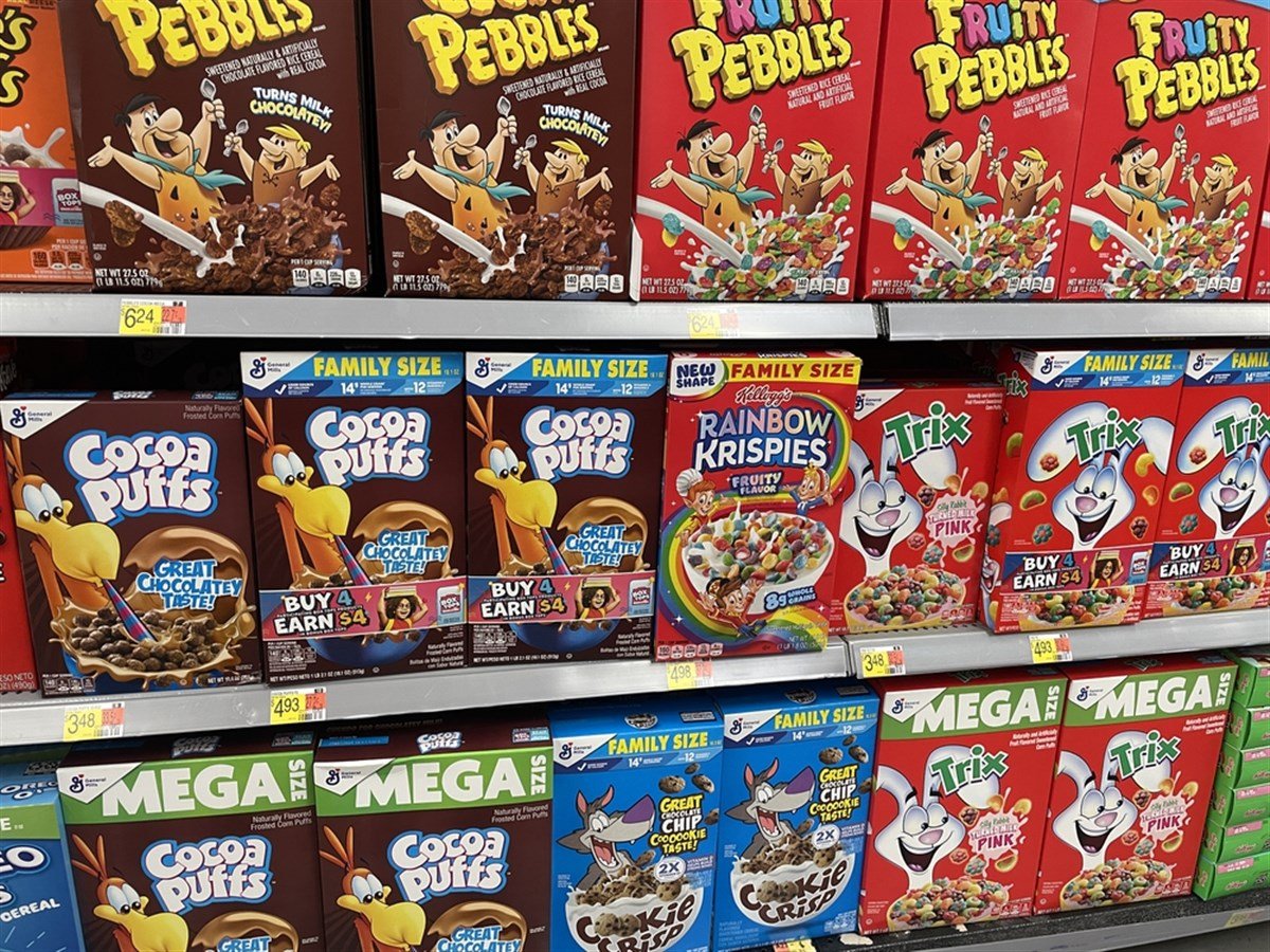 Grovetown, Ga USA - 08 19 23: Walmart retail store interior General Mills cereals Cocoa Puffs Trix