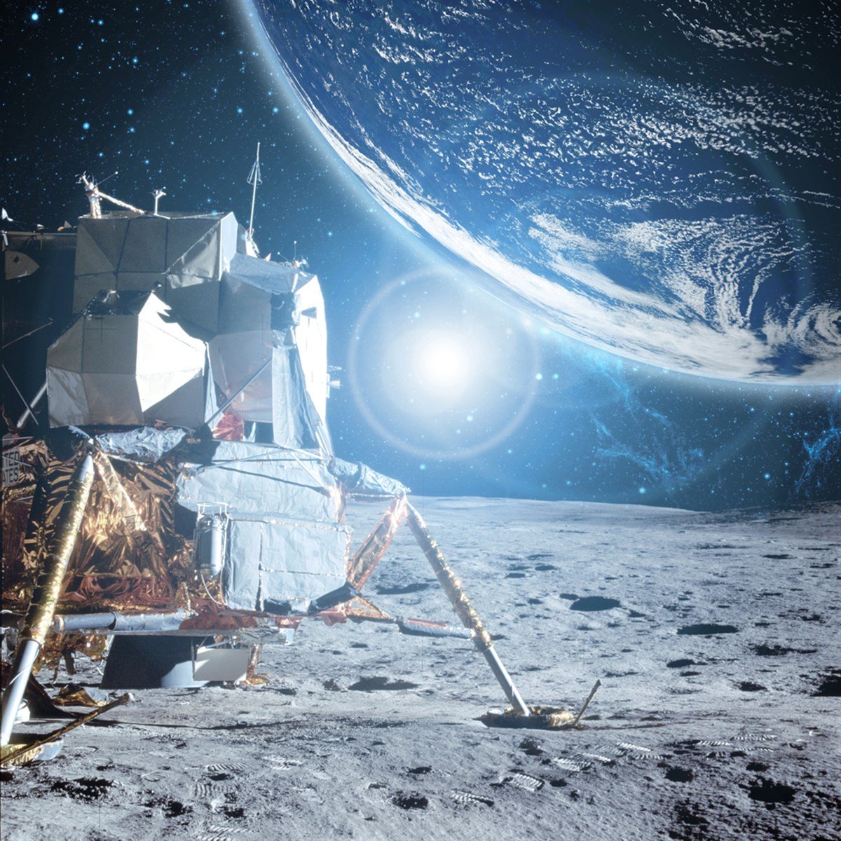 View to planet earth from moon surface b. elements of this image furnished by nasa - stock image