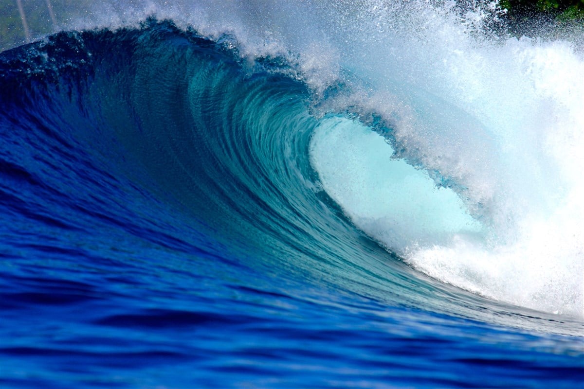 Big blue tropical surfing wave Sumatra, Indonesia - stock image