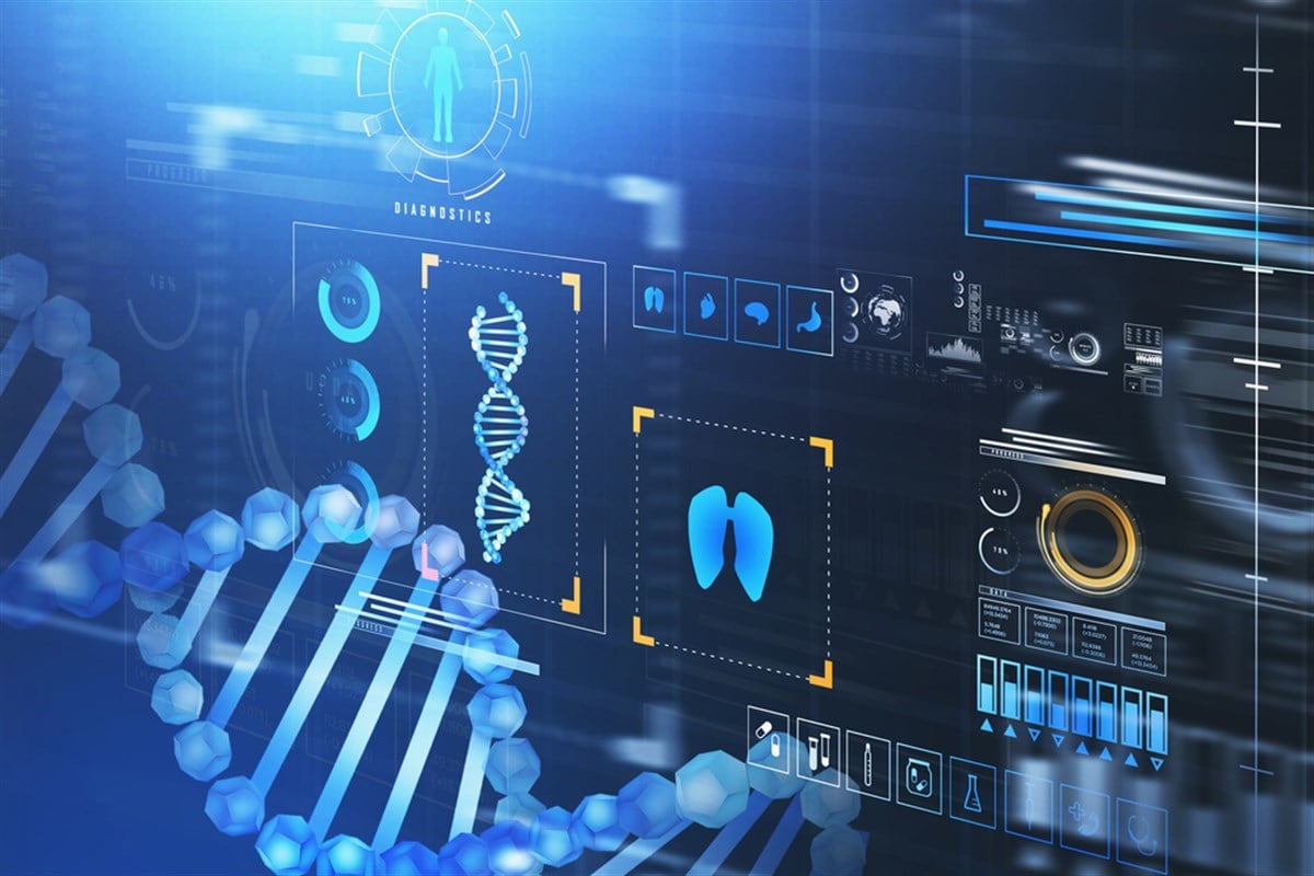 Digital interface with hologram of dna and hud with icons of lungs, pills, thermometer, syringe, emergency call, diagnostics, pie diagram. Concept of future technologies in health care. 3d rendering — Photo