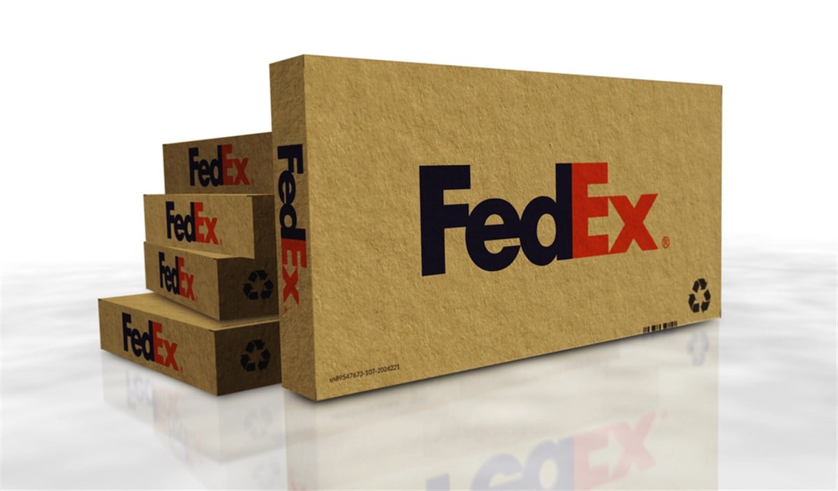 Poznan, Poland, March 12, 2024: Fedex delivery box production line. Federal express shipment company. Cardboard pack factory. Abstract concept 3d illustration.