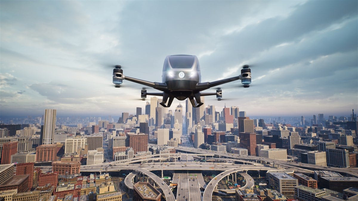 Autonomous driverless aerial vehicle fly across city, 3d render