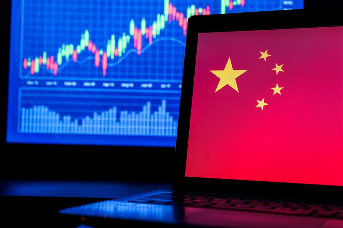 China flag on screen and stocks and finance graphs in background