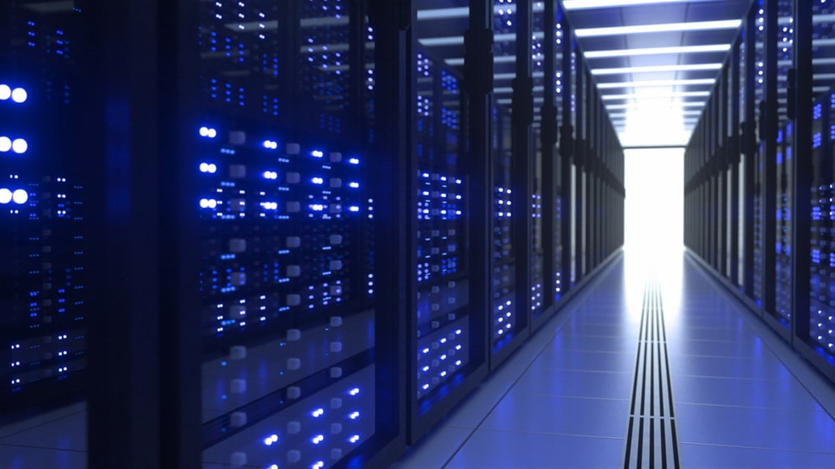 Data Center Computer Racks In Network Security Server Room. Cryptocurrency Mining Farm or Hosting Storage Connected Dots Programming Code And Binary Concept. 3D render dark blue